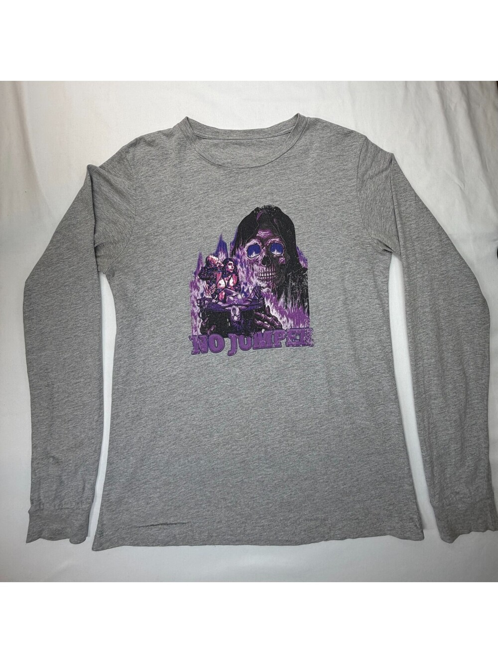 No Jumper Women's T-Shirt Long Sleeve Graphic Print Knit Round Neck Size L Gray